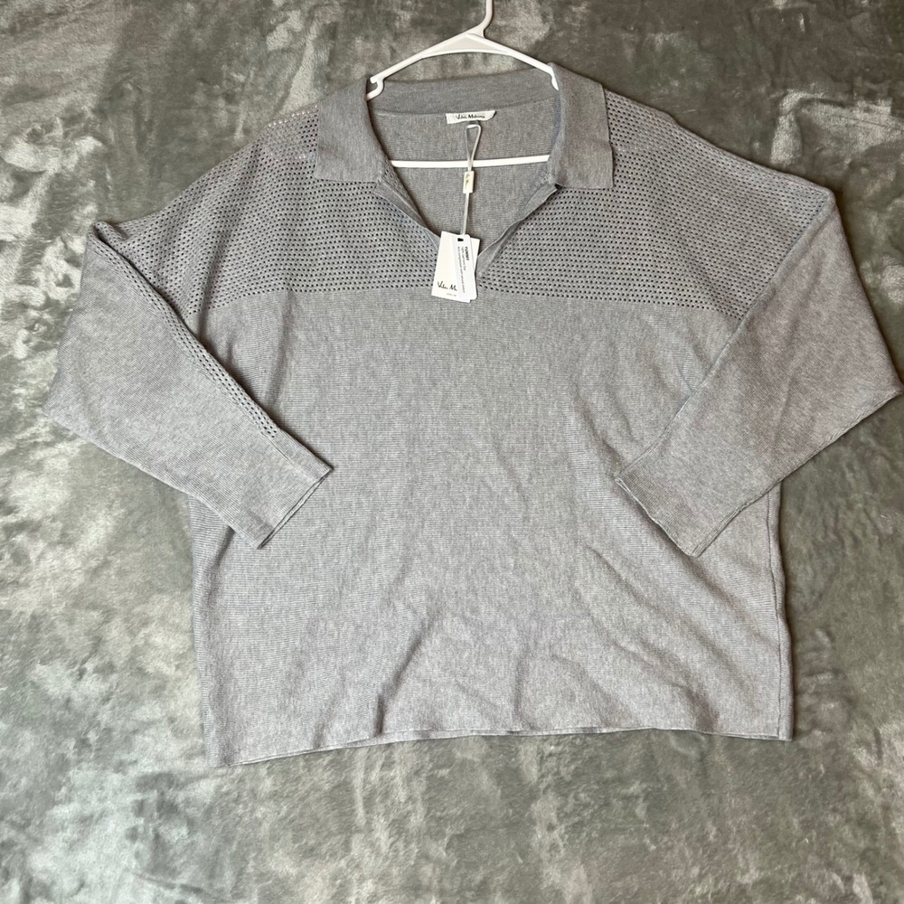 Vila Milano Light Heather Gray Silver Knit Polo Shirt Sweater‎ Top XL